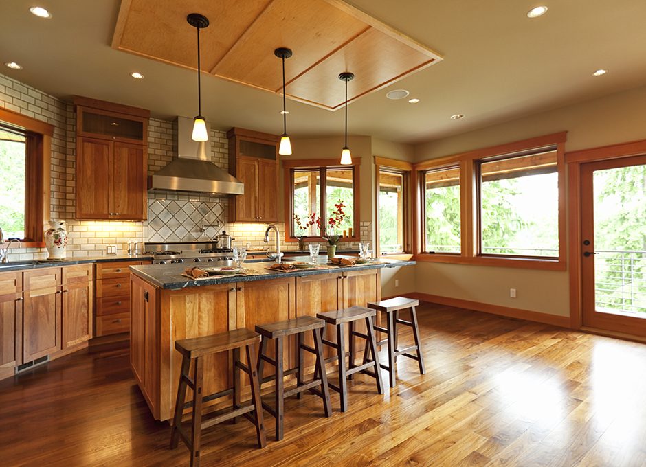 Beautiful Open Kitchen with Walnut Hardwood Floors